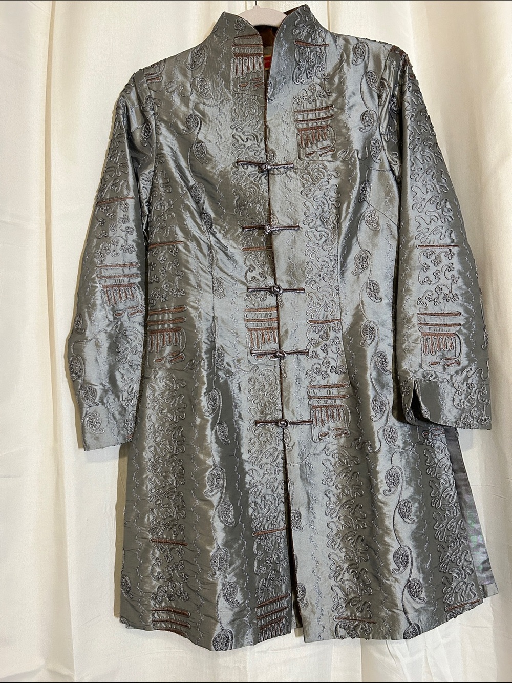 Shanghai Soho Womens M Blue Embroidered Mandarin Long Coat Jacket